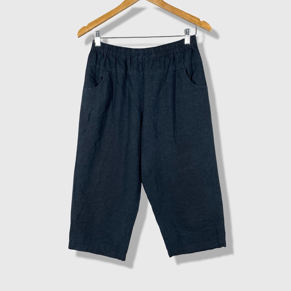 100% Linen Cut Off Pants Womens M Blue Coastal Grandmother Lagenlook